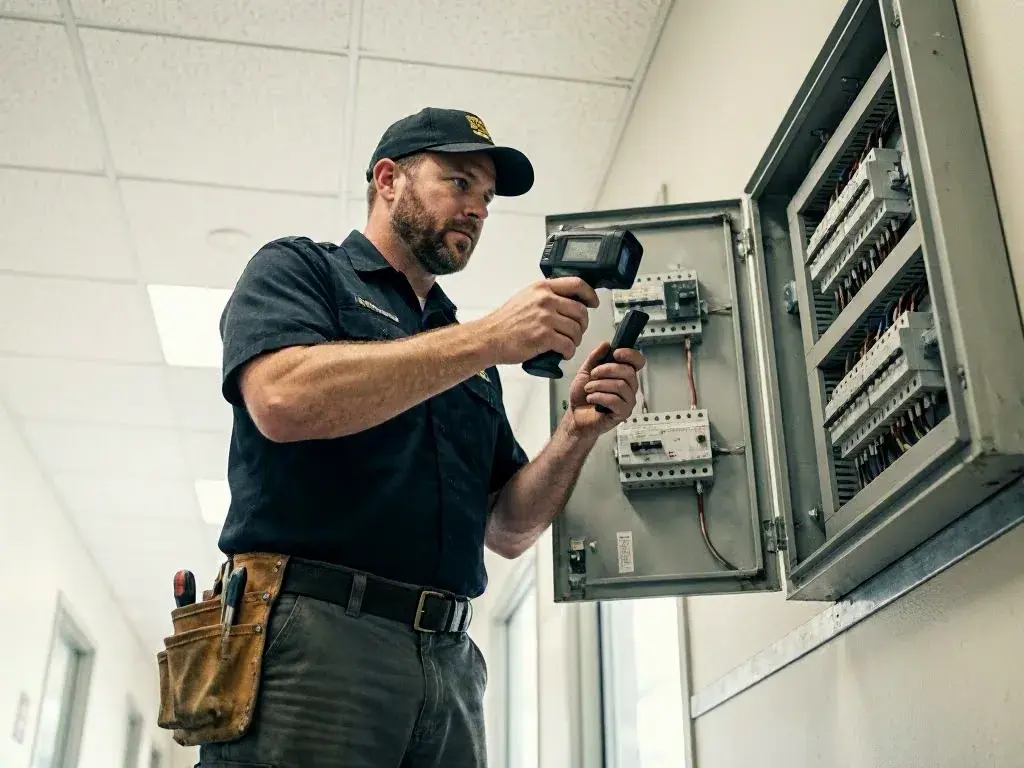 Electrician checking wiring above a drop ceiling in a shop