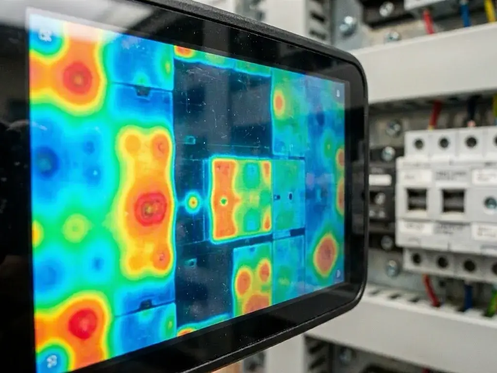 Thermal camera screen showing colorful heat spots across circuit breakers