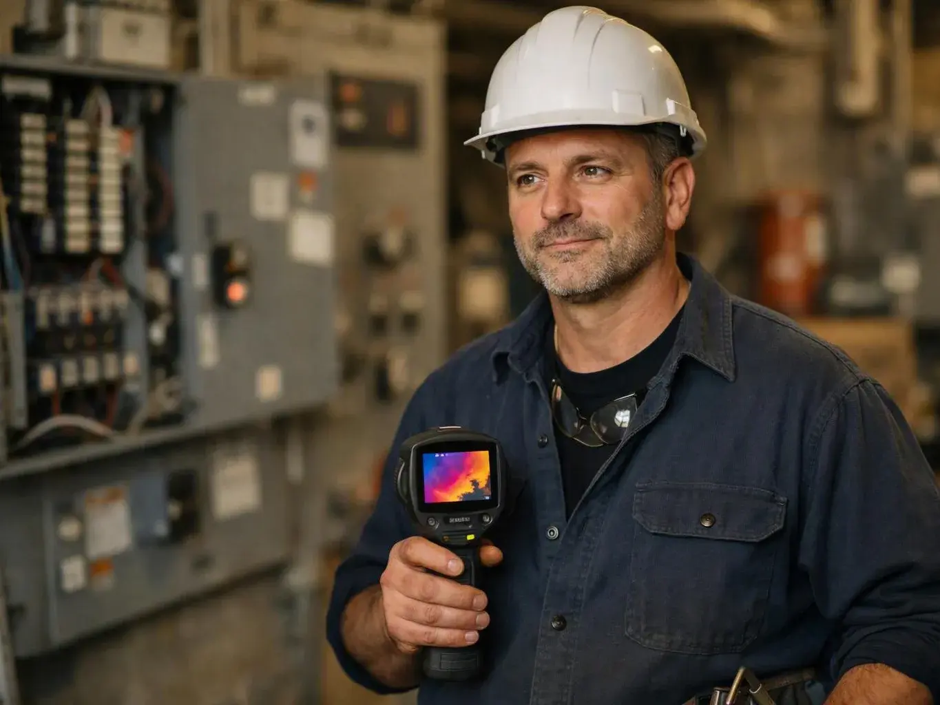 Electrician testing a breaker panel in a basement — Can Surge Protection Help with Weather-Linked Power Swings in This Area?