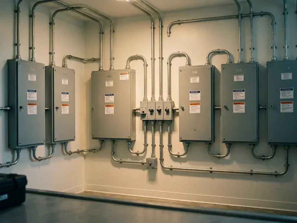Electrician checking a breaker panel with a tester