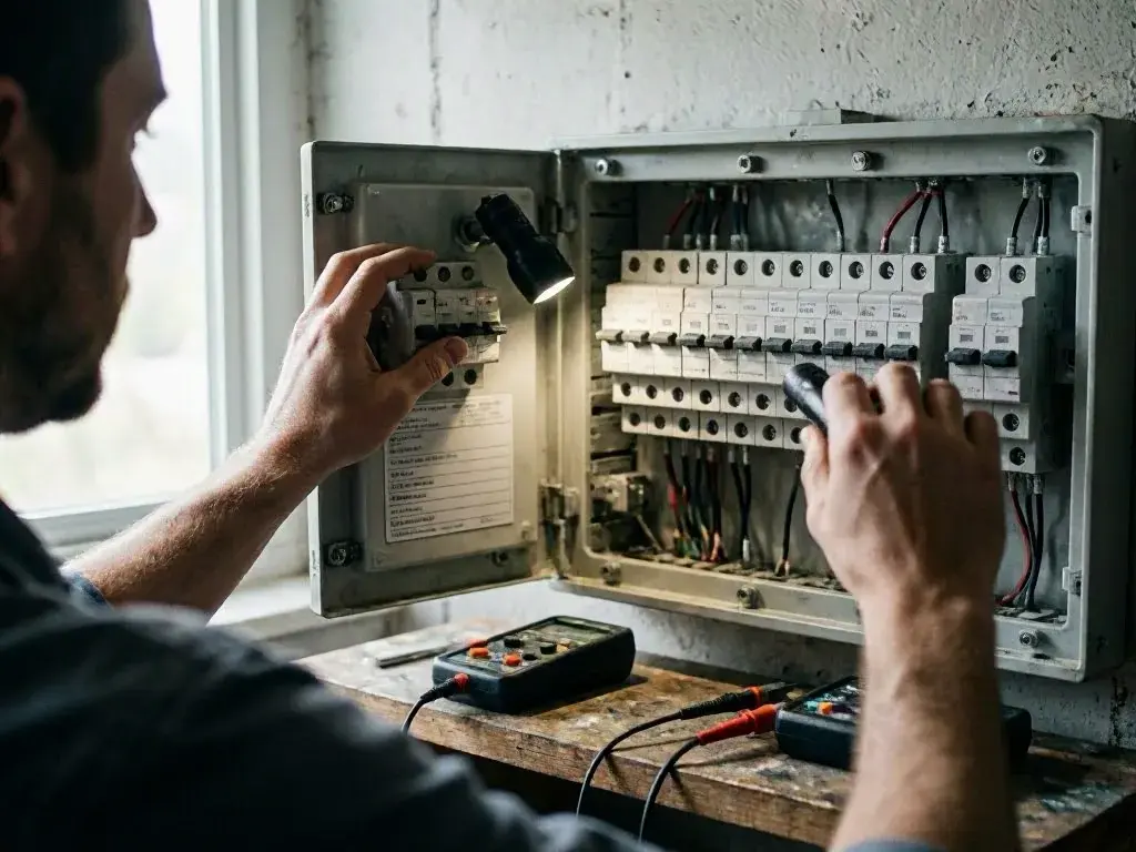 Electrician testing a breaker panel with a meter in a basement
