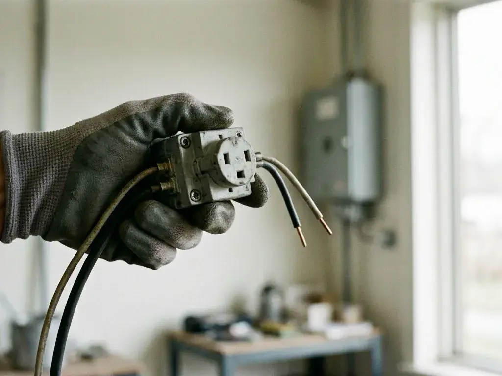 Gloved hand holding a worn electrical outlet and loose wires in a bright room