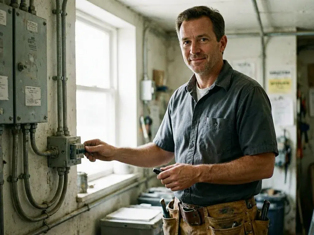 Electrician tracing labeled circuit breakers in a utility room