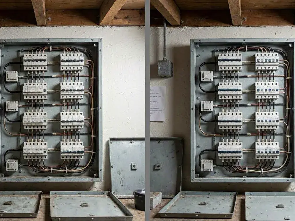 Worker checking an EV charger circuit at a garage wall
