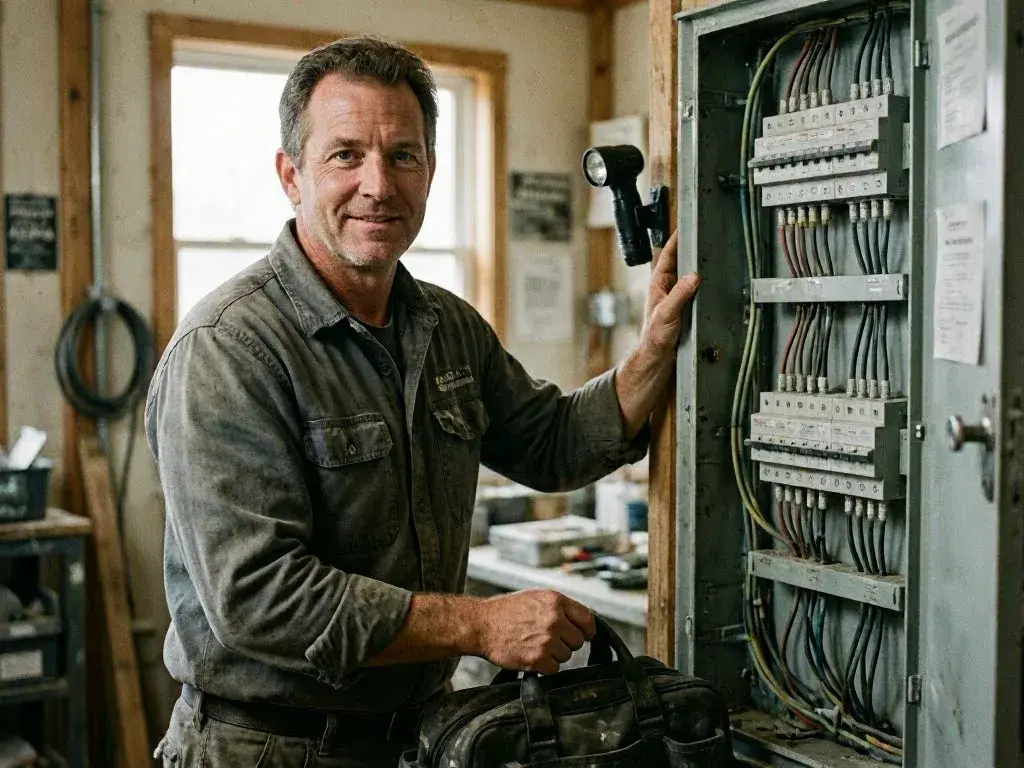 Electrician standing beside an open electrical panel with bundled wires and