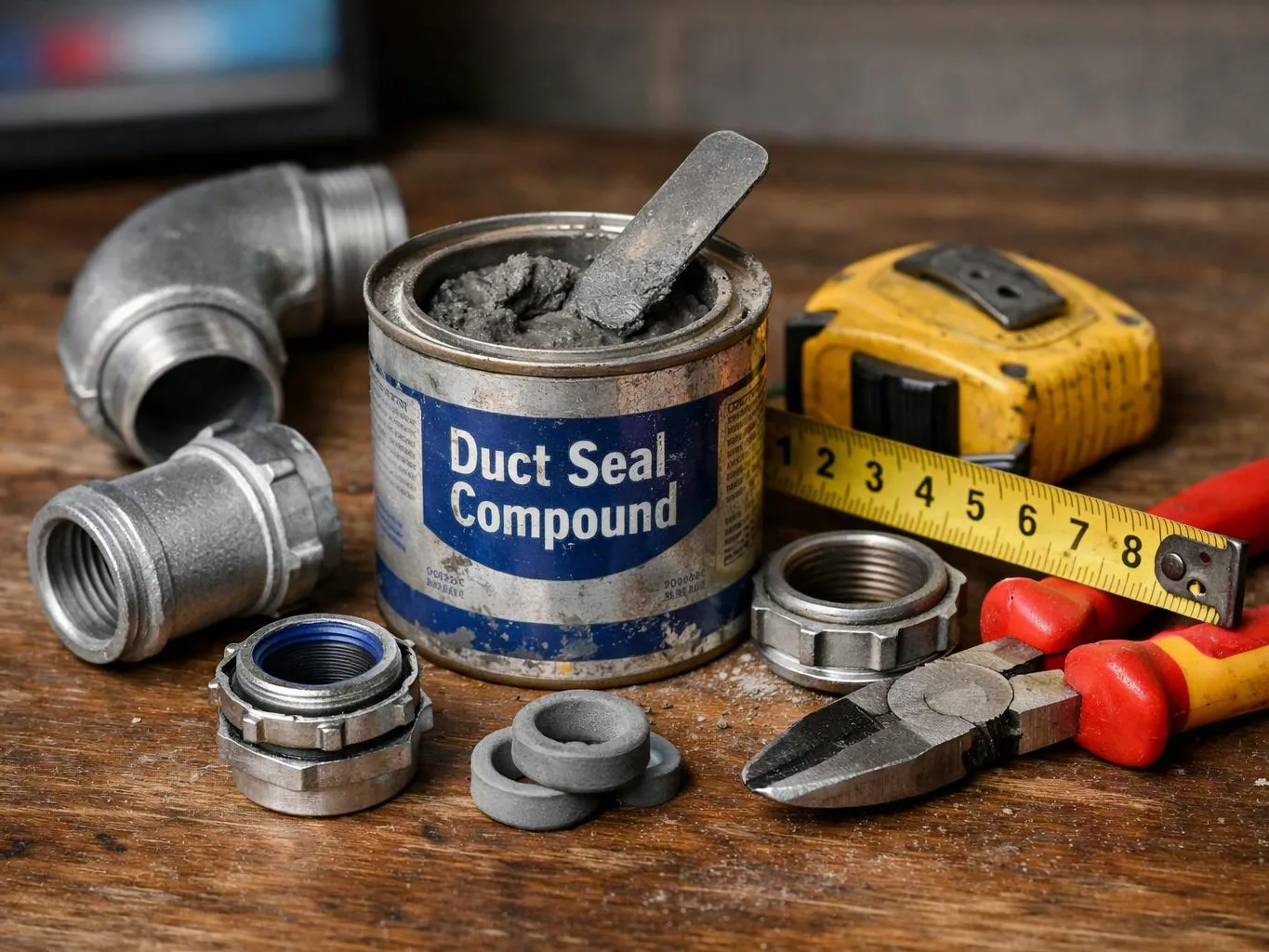 Plumbing fittings, tape measure, pliers, and an open duct seal compound can sit on a wooden workbench