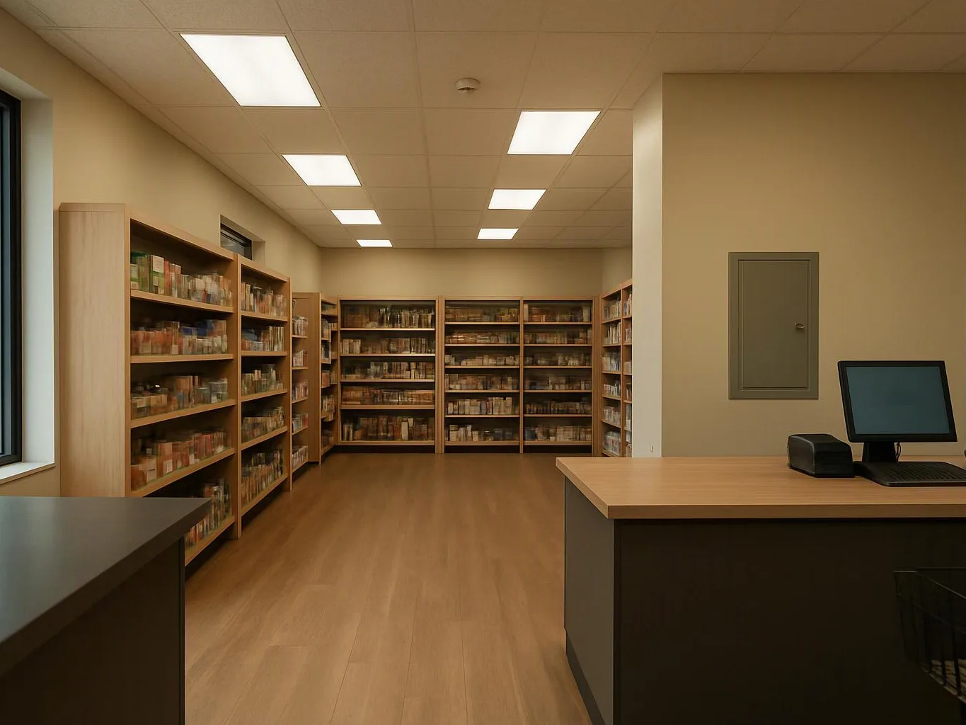 A quiet pharmacy with wooden shelves of medication, a front counter, and a computer under bright ceiling lights