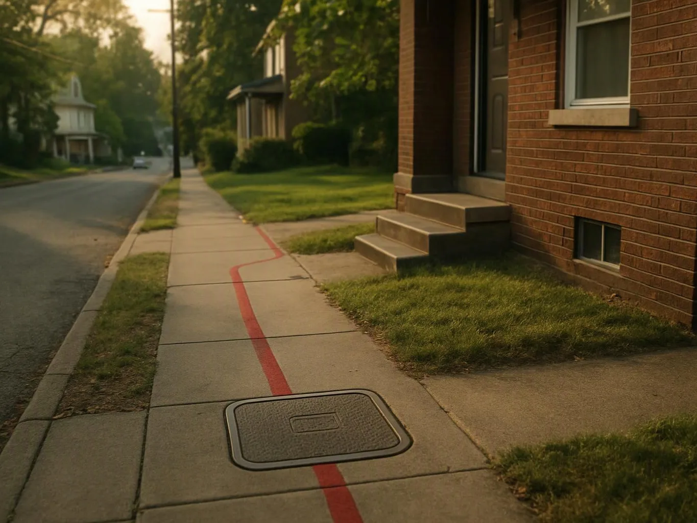 A quiet sidewalk beside brick houses follows a red painted line past steps and a street view