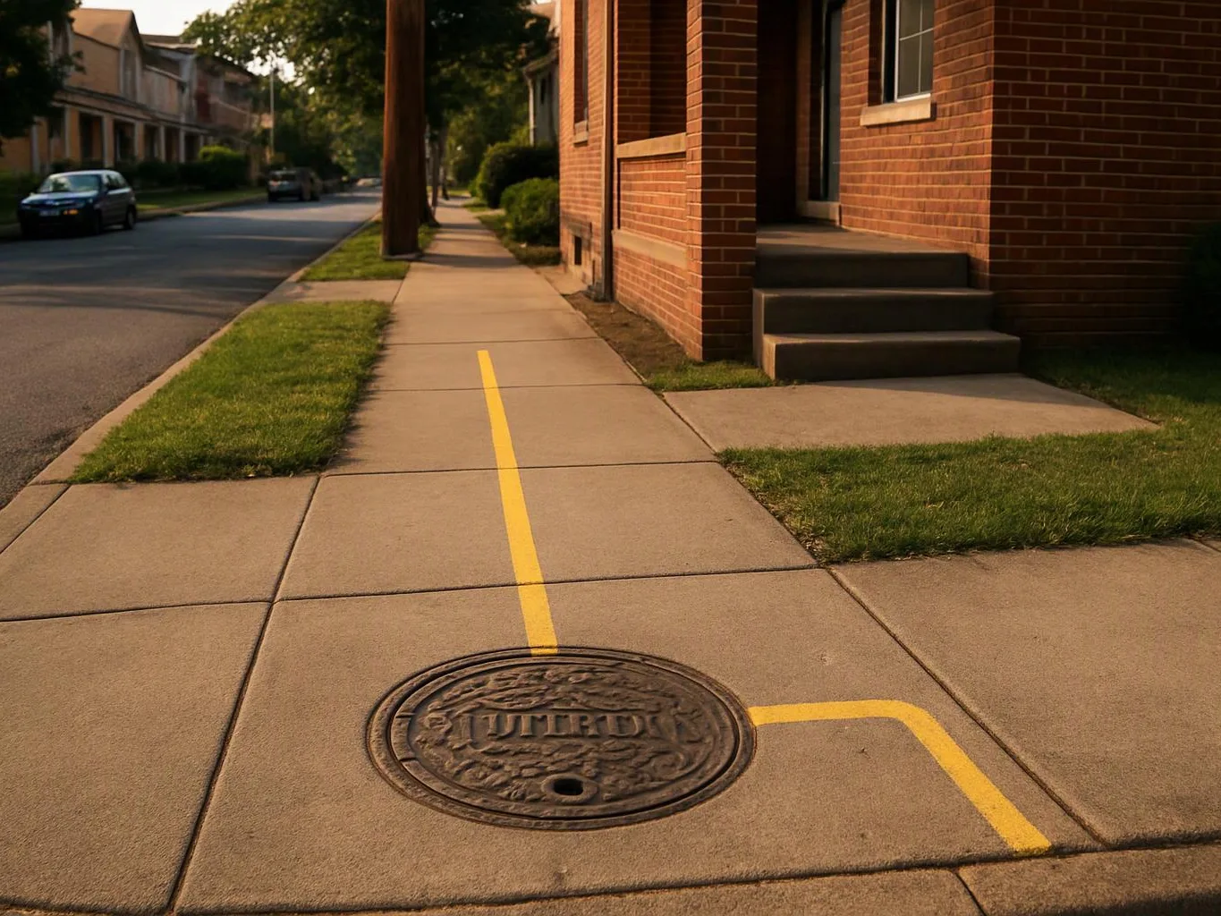 A sidewalk beside brick houses has a yellow line painted past a round manhole cover