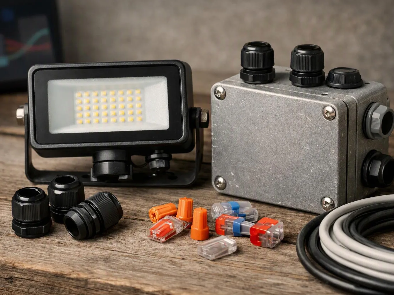 A small LED floodlight, metal junction box, cable connectors, and coiled wires sit on a wooden surface