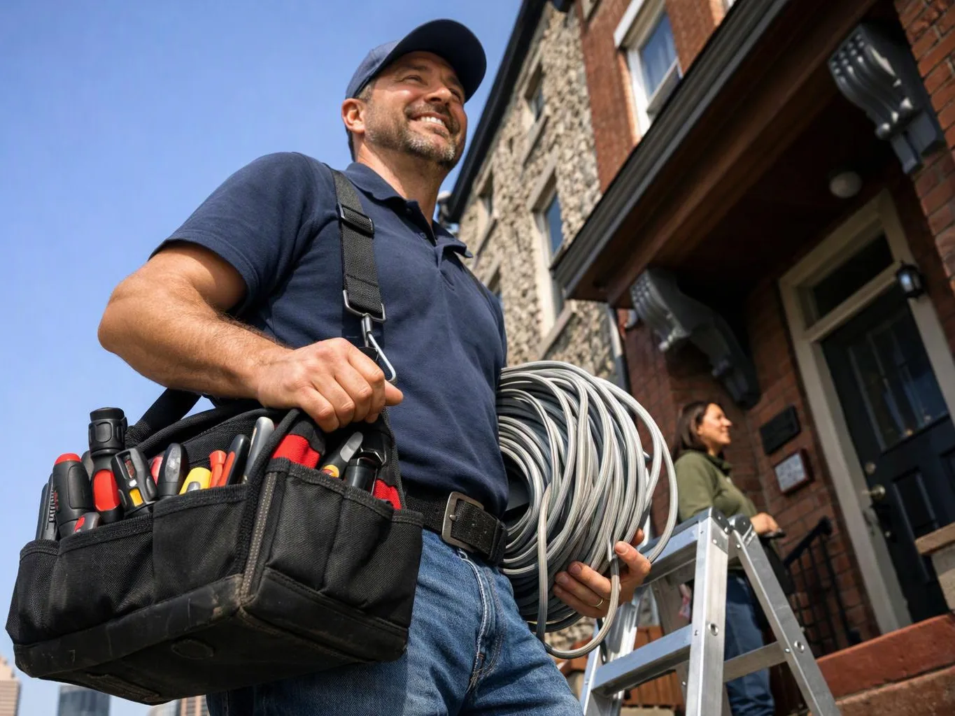 A smiling electrician carries tools and a coiled cable outside a brick house while a woman stands by the doorway