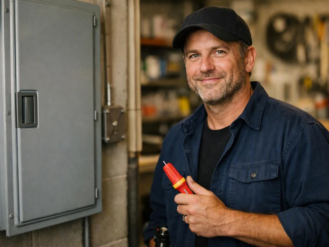 A smiling man in a cap holds a red tester beside a gray electrical panel in a workshop