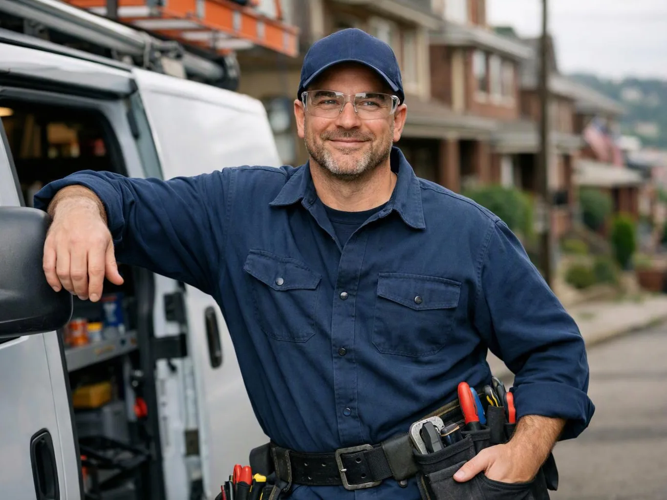 A smiling man in work clothes leans on a van with tools on his belt on a neighborhood street