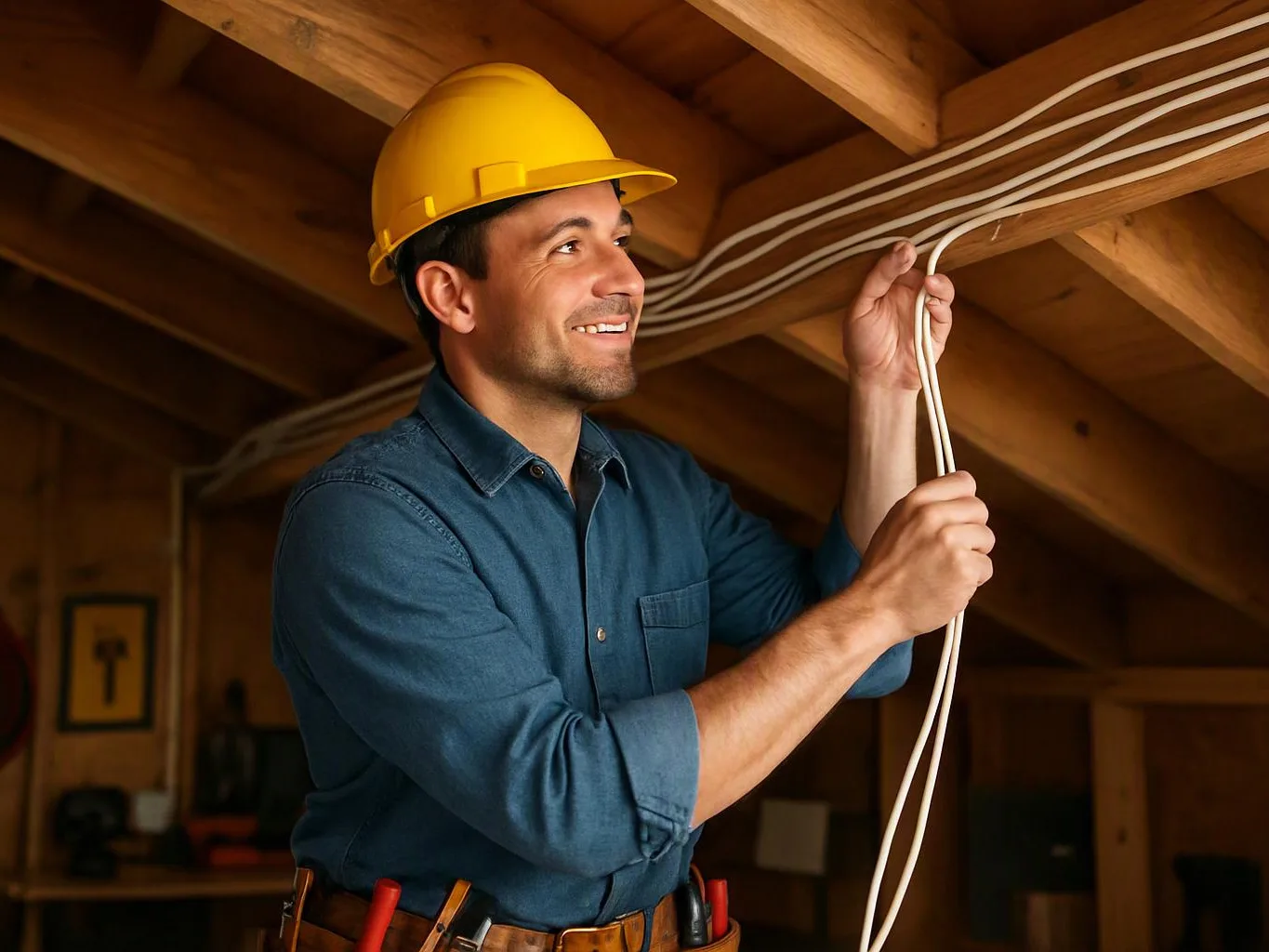 A smiling worker in a yellow hard hat routes white cables through exposed wooden rafters in an attic