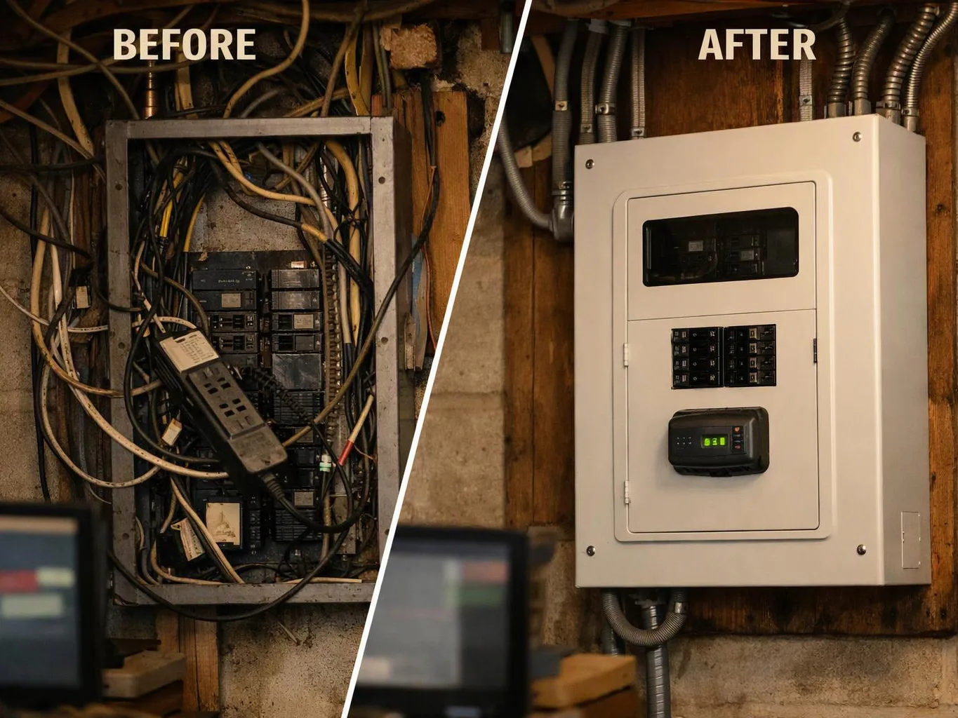 Split view of a cluttered old electrical panel before and a tidy covered panel after with exposed conduits
