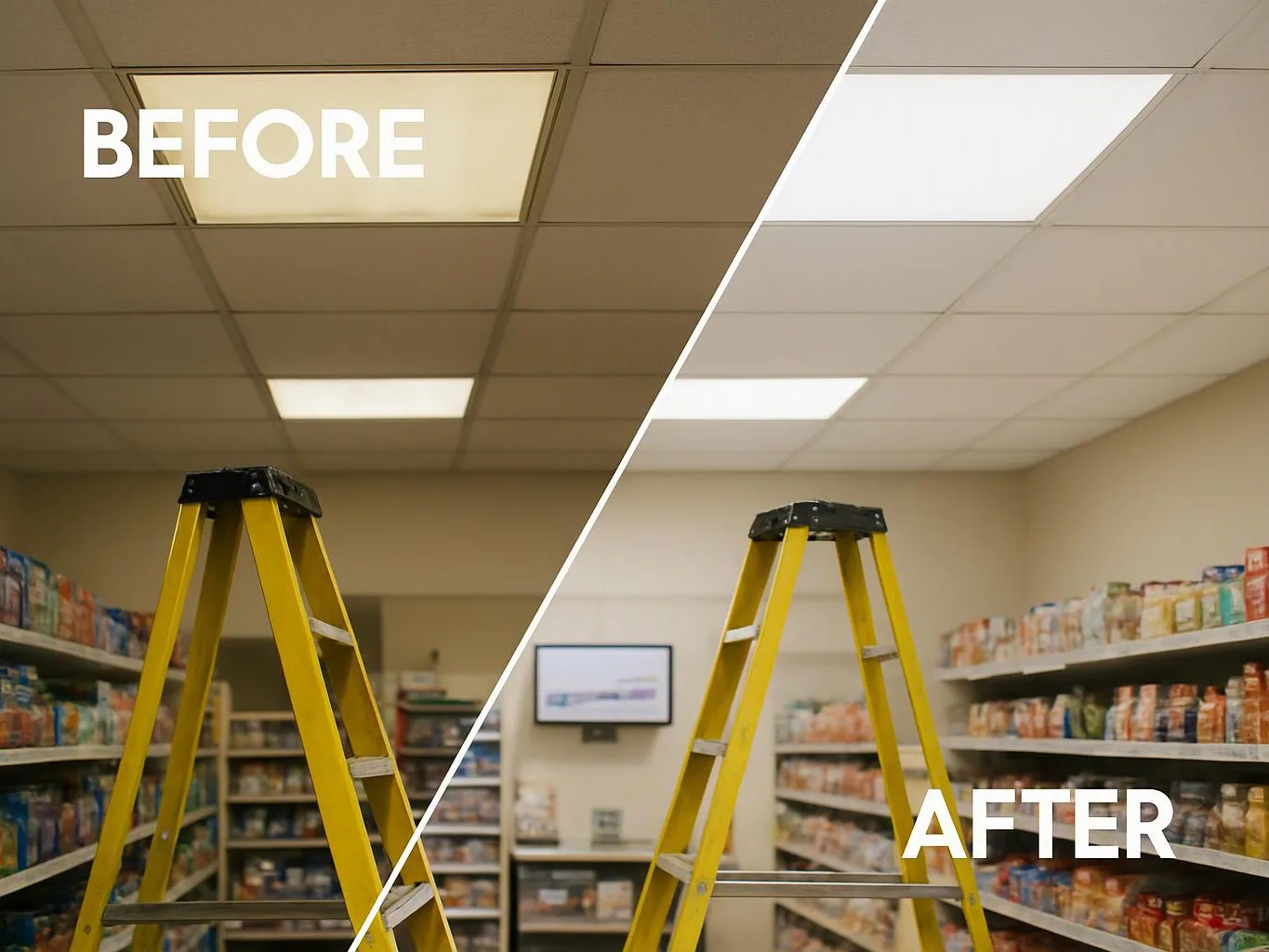 Split view of a store aisle with a yellow ladder under dark ceiling lights on the left and brighter lights on the right