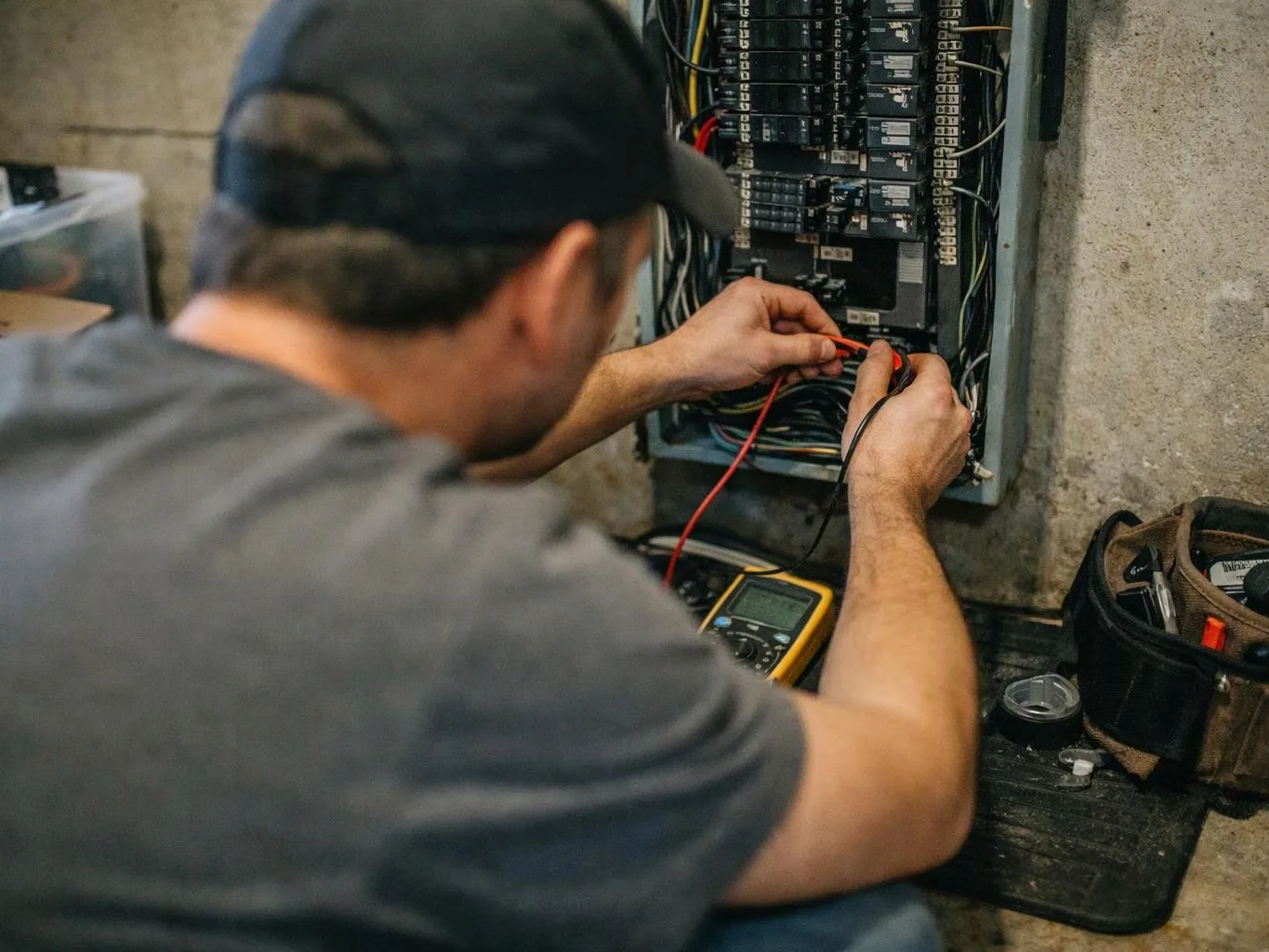 A technician kneels by an open electrical panel, testing wires with a multimeter in a concrete utility space