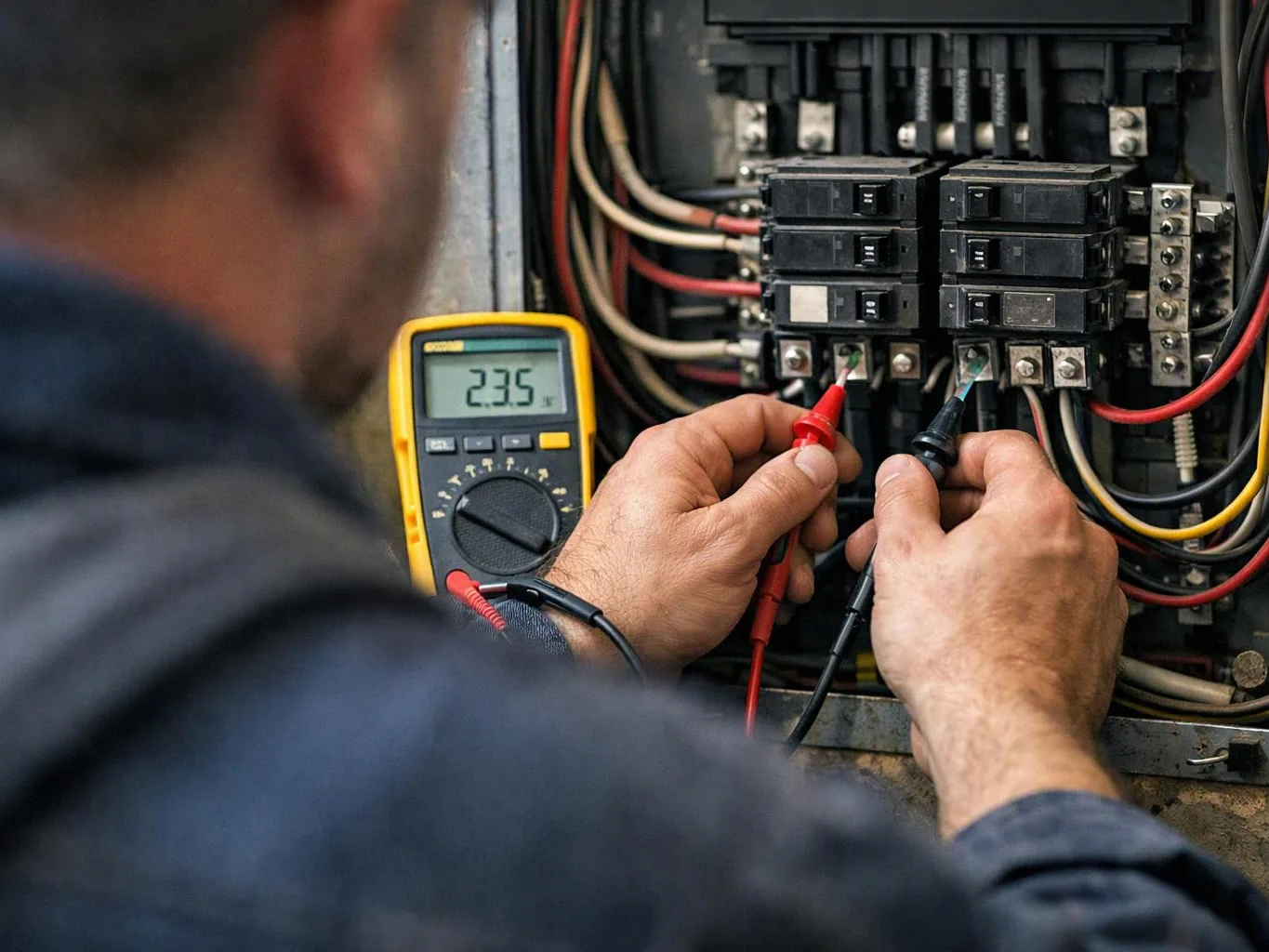 A technician tests an electrical panel with a digital multimeter and red and black probes