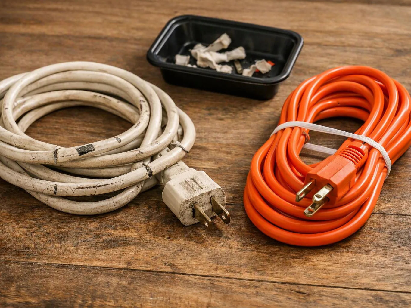 Two coiled extension cords, one dirty white and one bright orange, sit on a wooden table beside a small tray of scraps