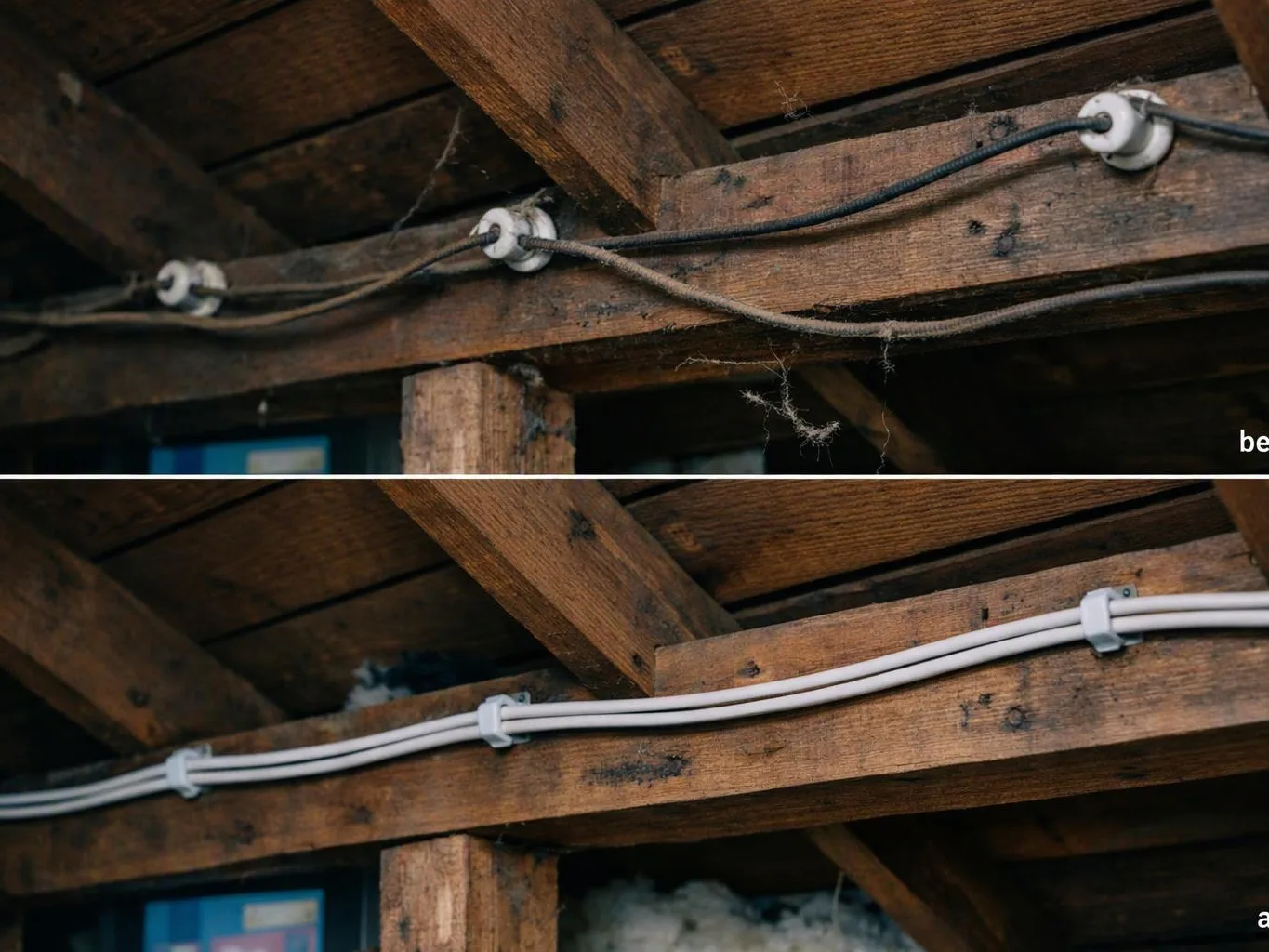 Two side-by-side views show old dark cables replaced by white wiring on wooden beams under a roof