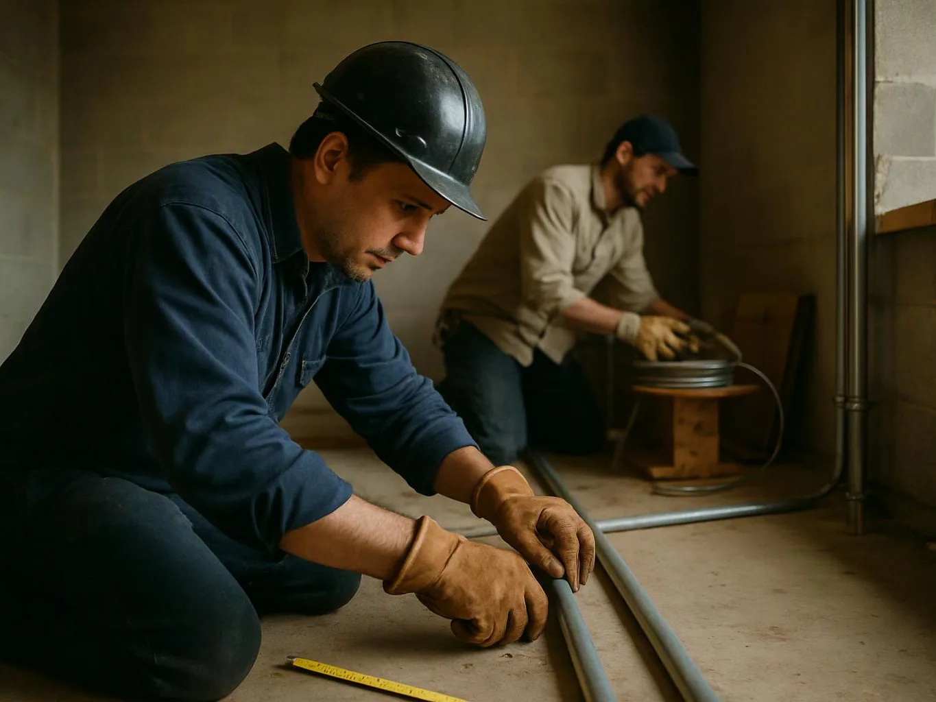 Two workers in hard hats and gloves bend over metal pipes inside a bare construction room