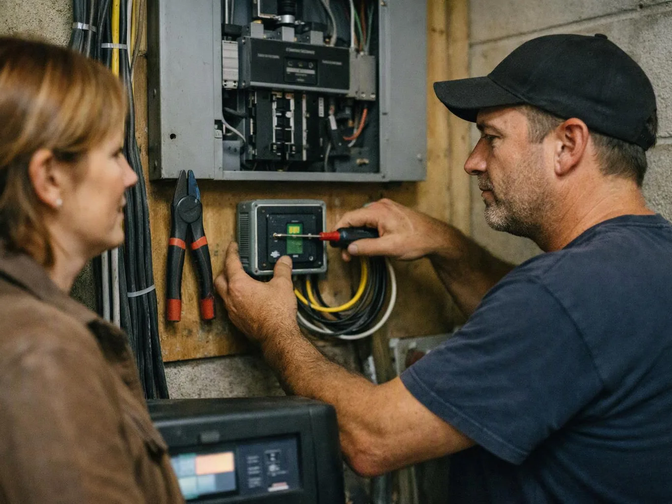 Two workers inspect an open electrical panel, one testing a small device while the other watches in a utility room