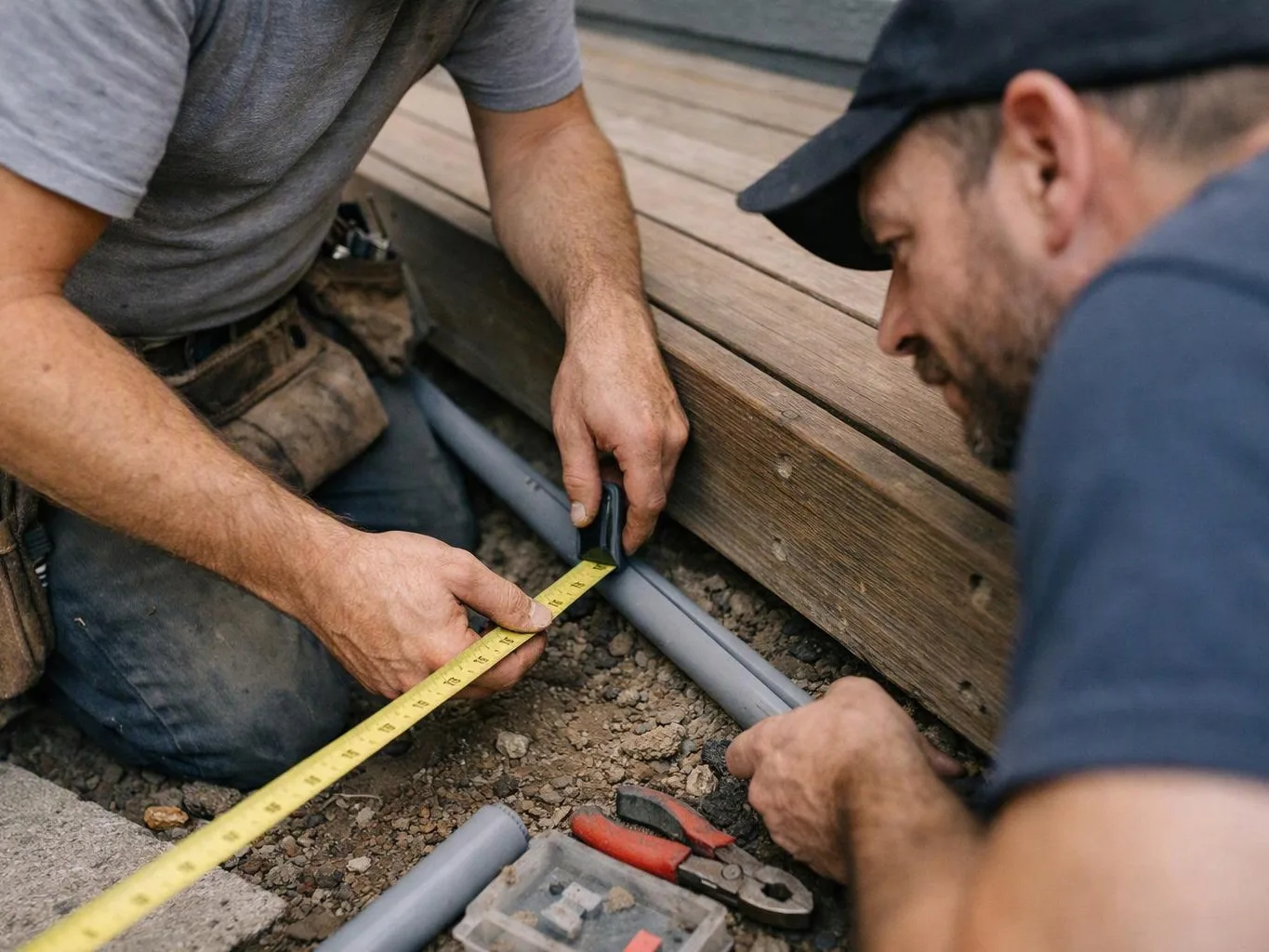 Two workers measure a gray pipe beside a wooden deck, with pliers and gravel on the ground