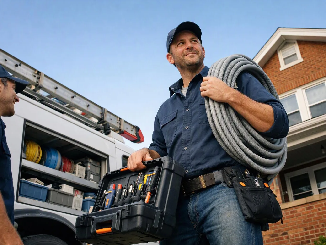 Two workers stand beside a service van, one carrying coiled hose and a tool case outside a brick house