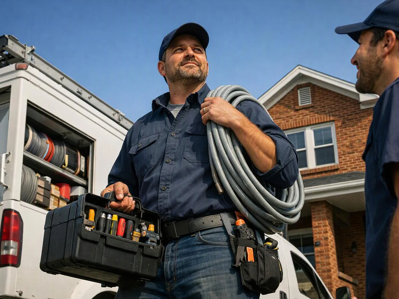 Two workers stand beside a service van, one holding a coiled hose and a tool case in front of a brick house