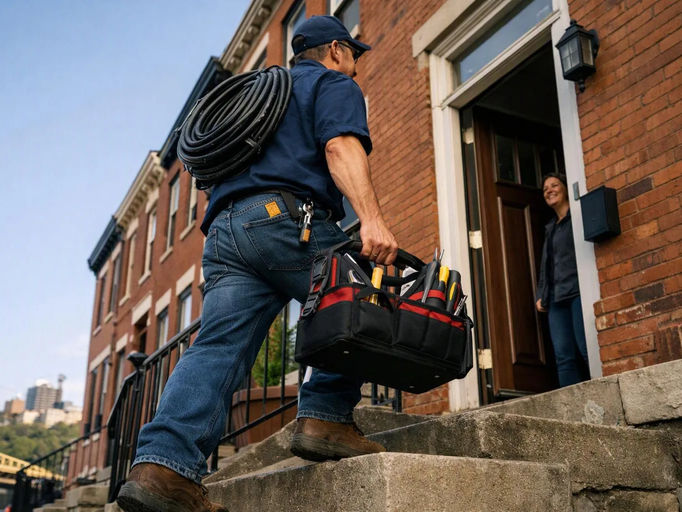 A utility worker climbs brick steps with a hose coil and tool bag toward a woman standing in the doorway