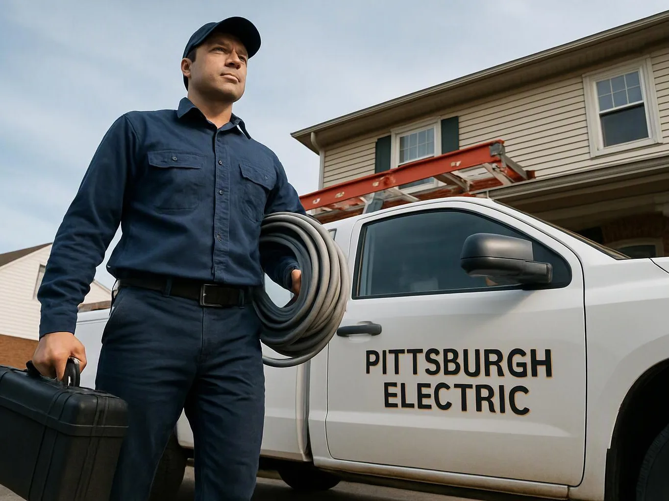 A utility worker in a navy uniform holds coiled cable and a black case beside a white electric service truck outside a house