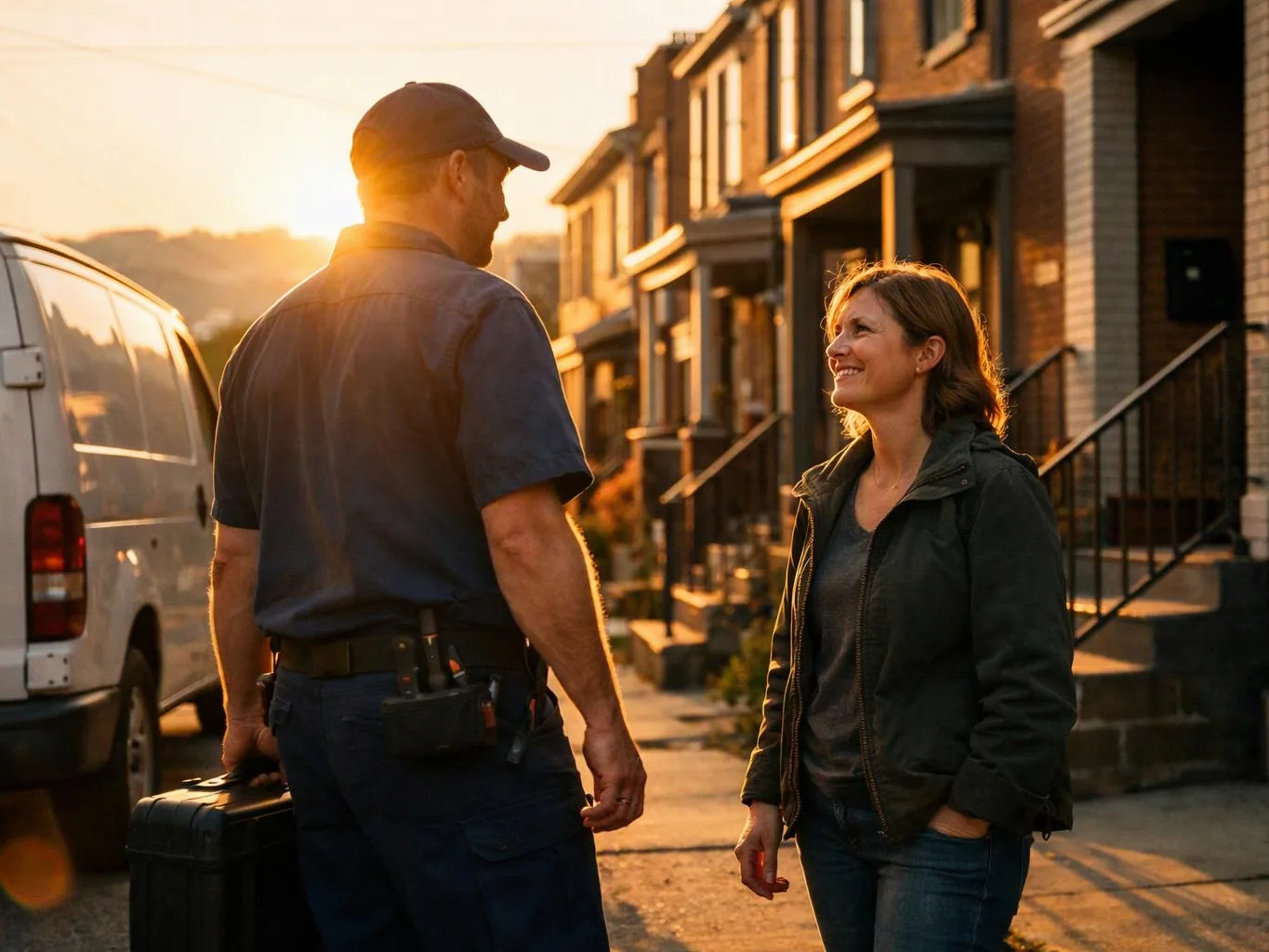 A utility worker with a toolbox talks to a smiling woman on a sunlit street lined with row houses