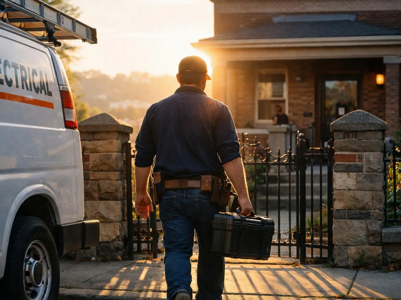 A utility worker walks toward a house gate carrying a toolbox beside a service van at sunset