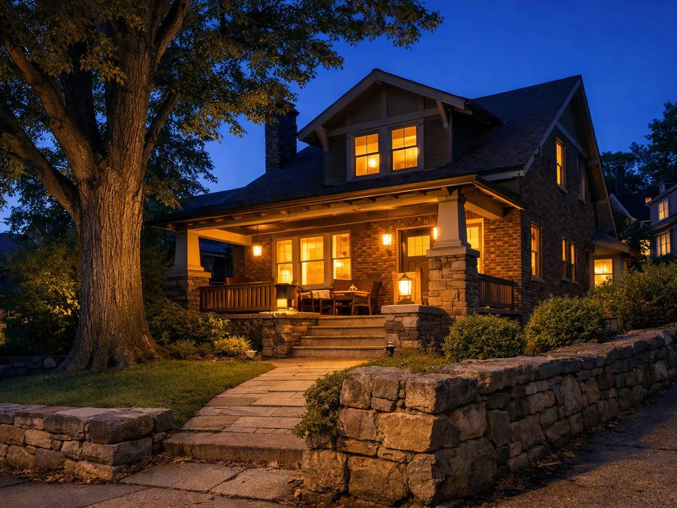 A warmly lit brick house sits at dusk, with a porch, stone steps, and a large tree in front