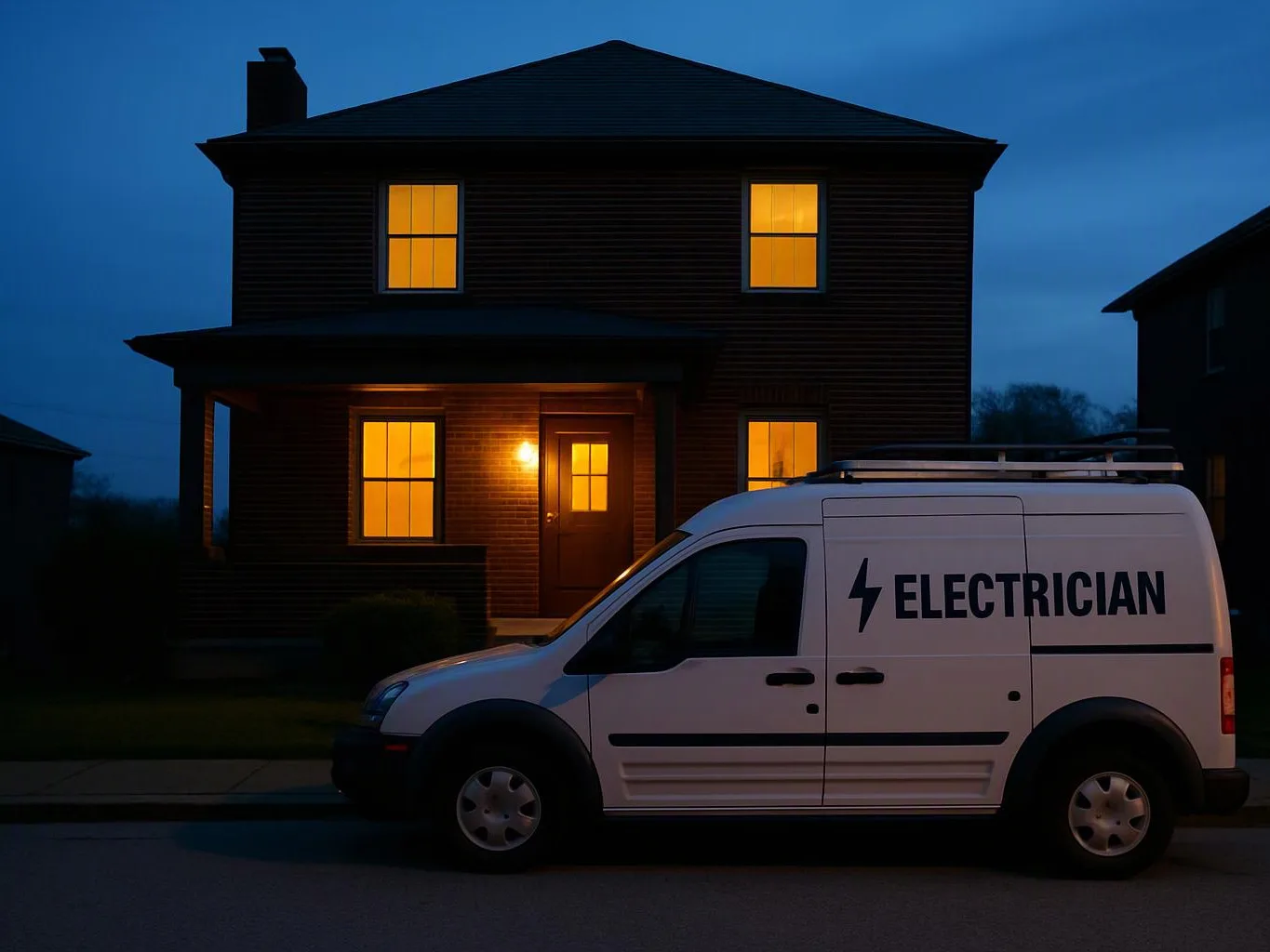A white electrician van is parked outside a dark two-story house glowing with warm lights at dusk