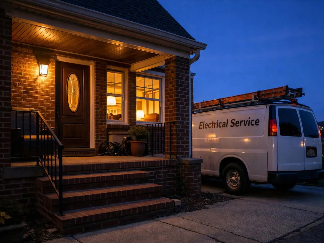 A white service van is parked beside a brick house at dusk, with porch lights glowing warmly