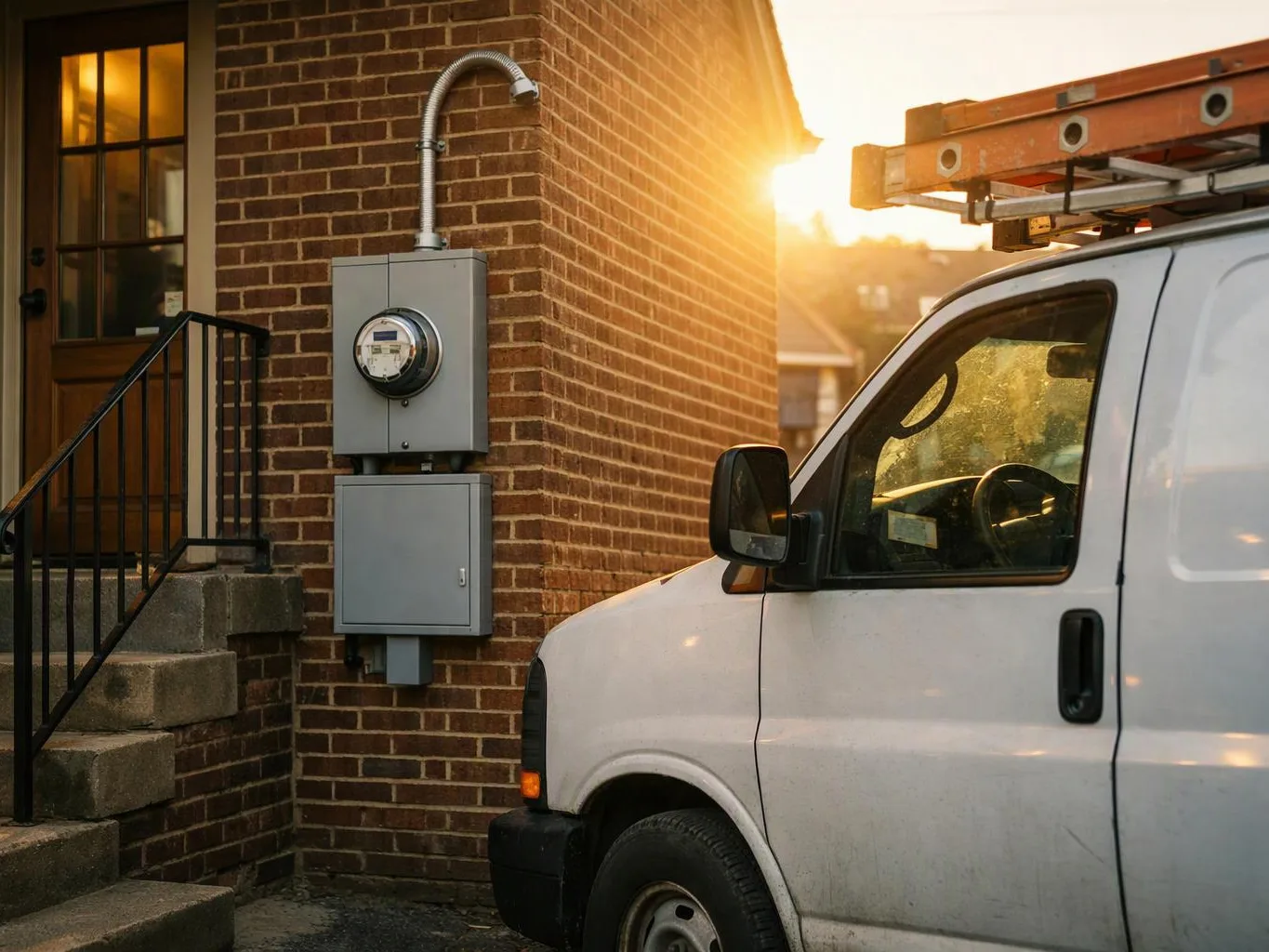 A white utility van with a ladder rack is parked beside a brick house with electric meters at sunset