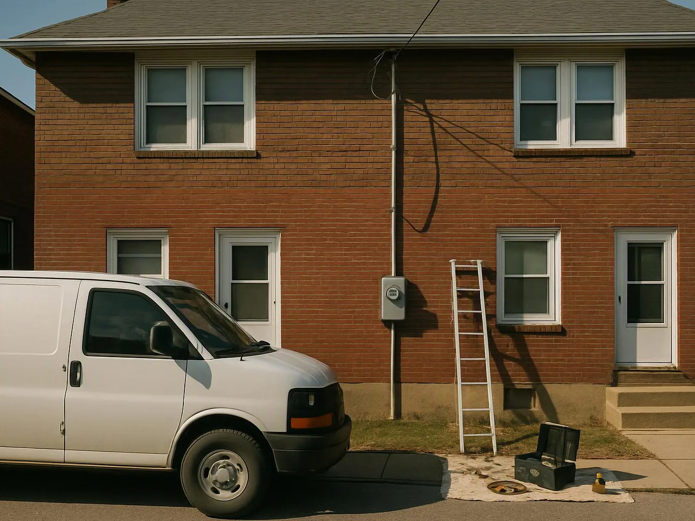A white van is parked beside a brick house, with a ladder and tools set up on the grass below a utility meter