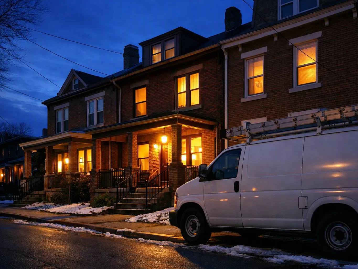 A white work van is parked beside lit brick row houses on a snowy street at dusk