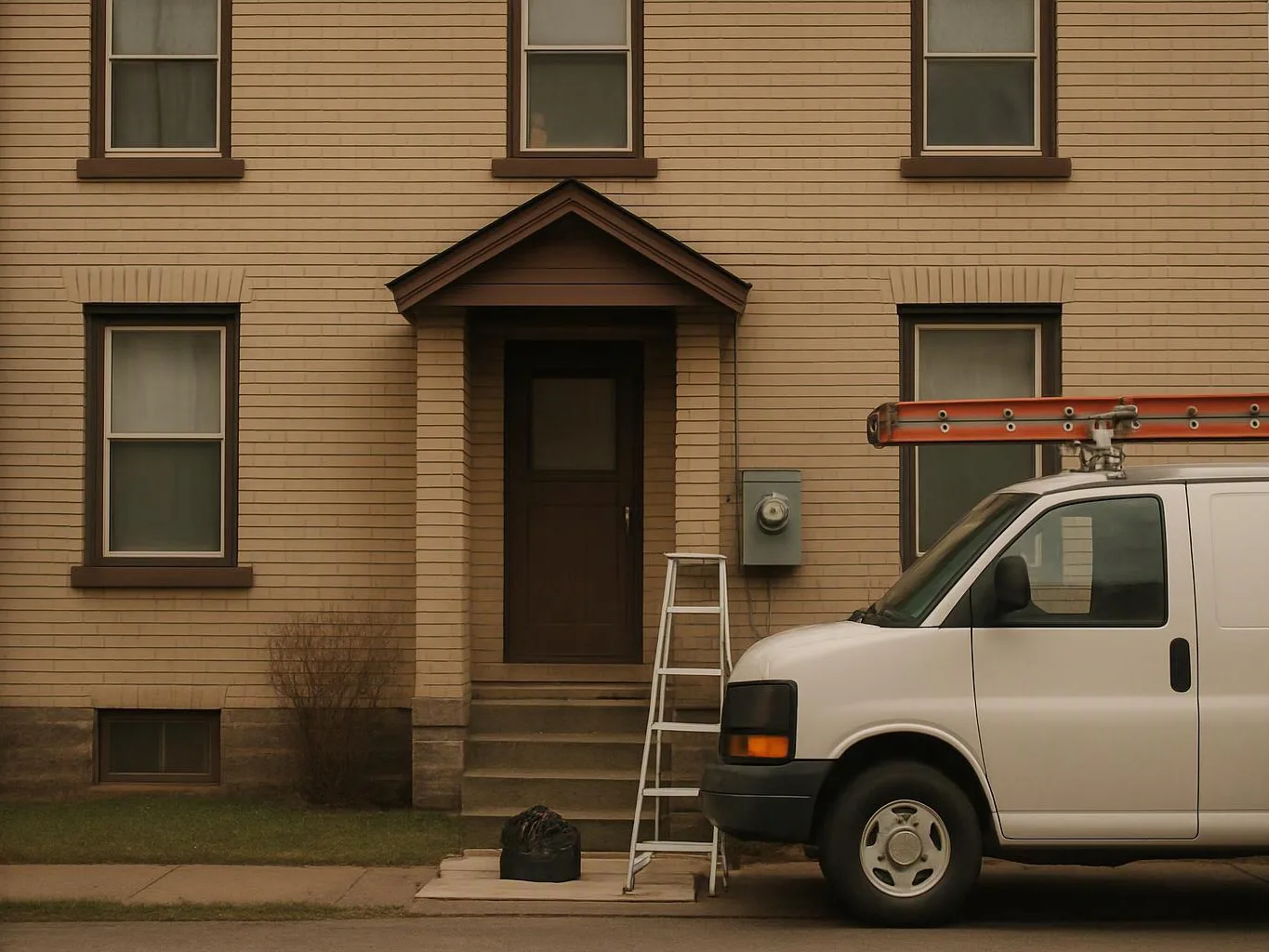 A white work van with an orange ladder is parked beside a house, with a ladder at the front steps