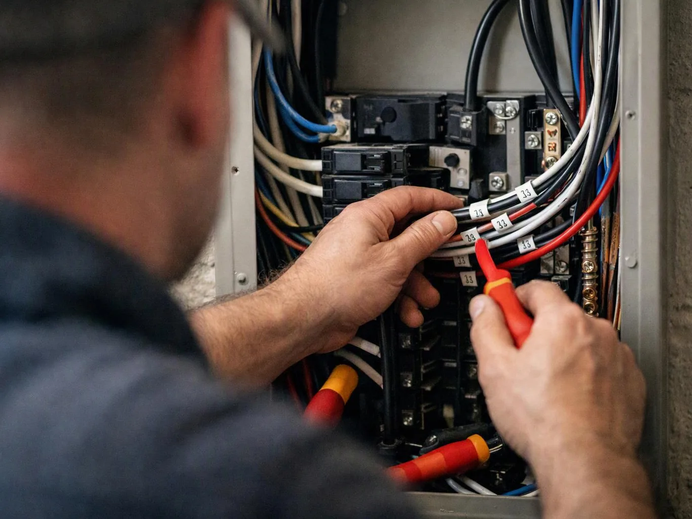A worker adjusts labeled electrical wires inside an open metal panel with a red-handled tool
