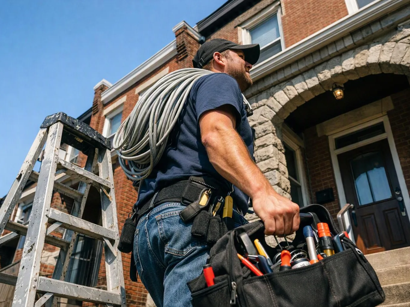 A worker carries coiled cable and a tool bag beside a ladder outside a brick house