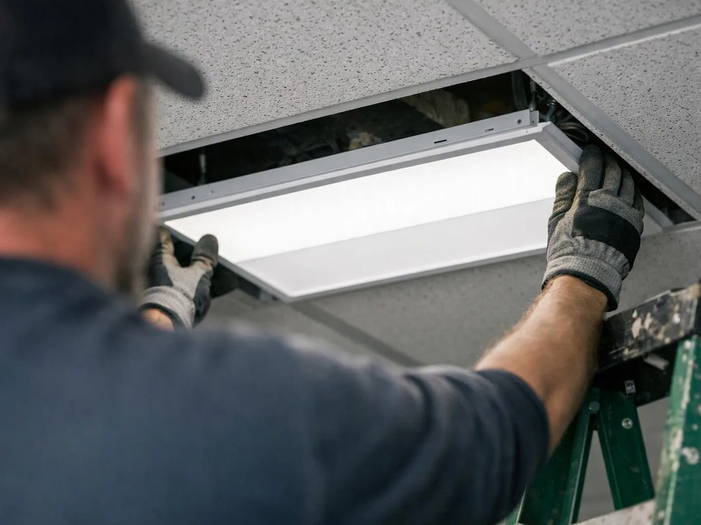 A worker in gloves installs a ceiling light panel above a drop ceiling on a ladder