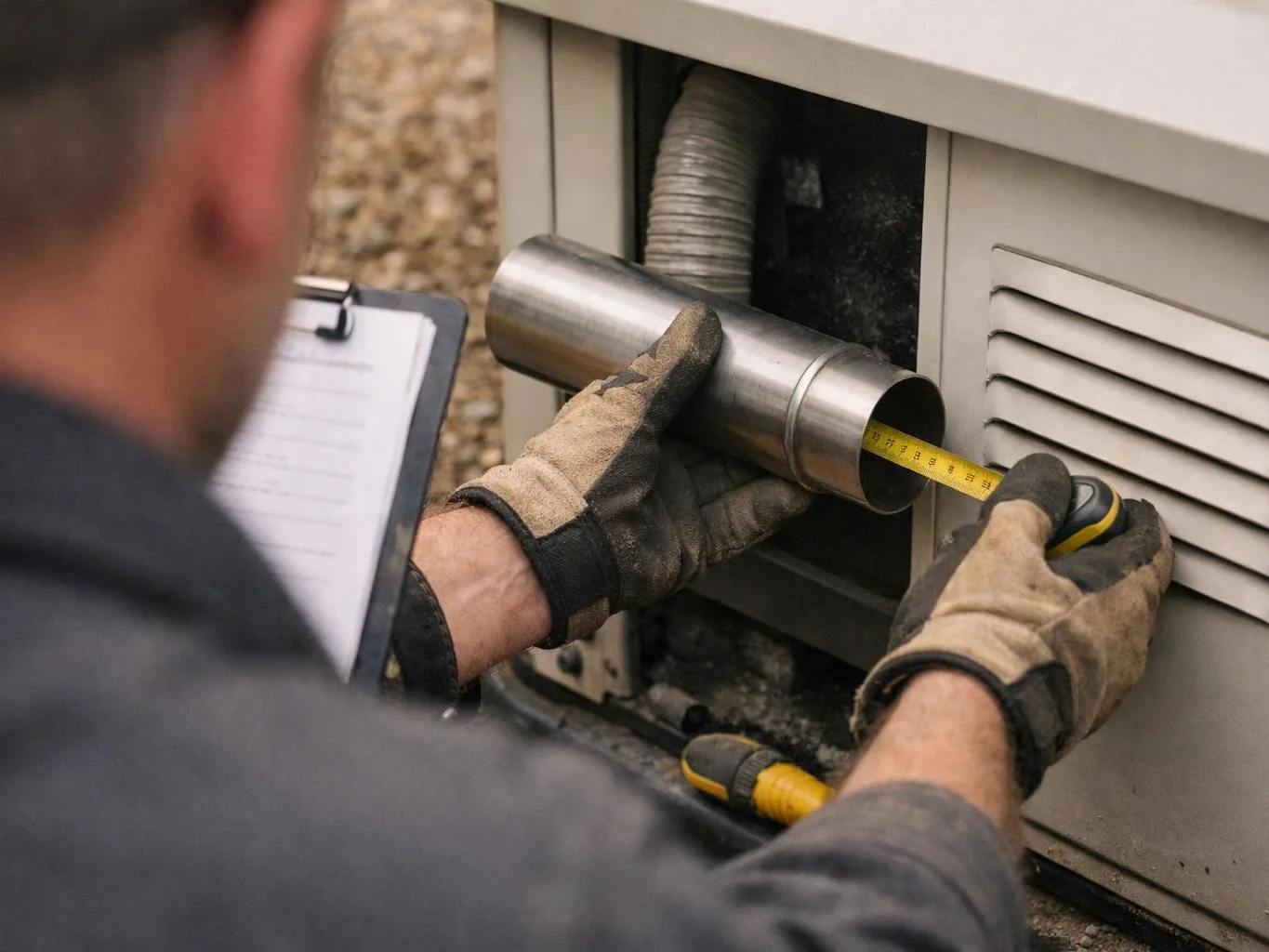 A worker in gloves measures a metal pipe attached to a vented machine with a tape measure