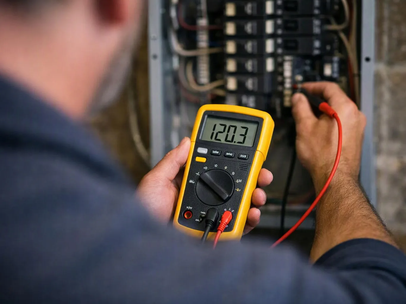 A worker measures an electrical panel with a yellow digital multimeter and red probes