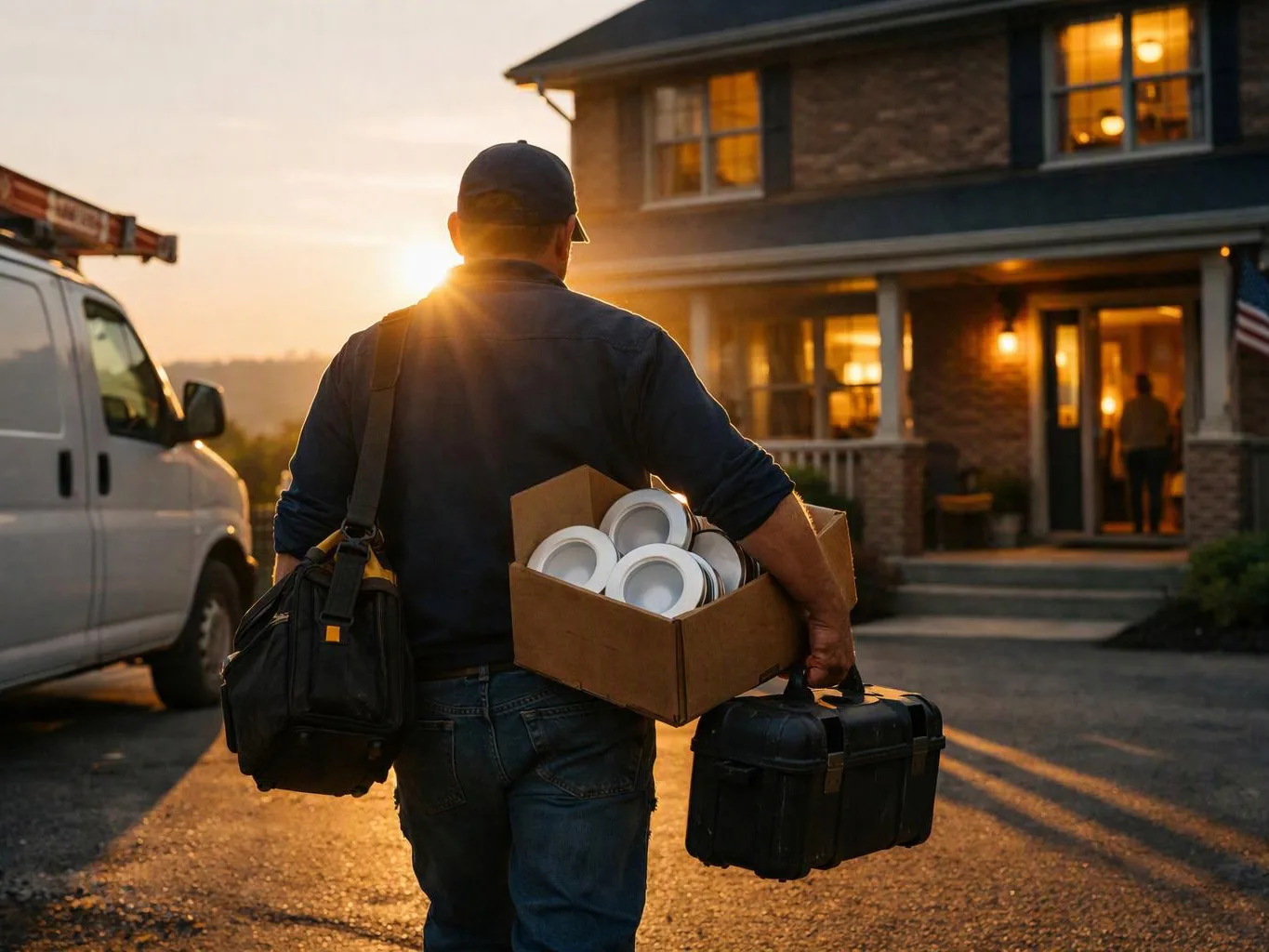 A worker walks toward a house at sunset, carrying tool bags and a box of plates